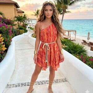 Free People One Shoulder Dress Rope‎ Belt Ruffle Greek Goddess Orange Medium New